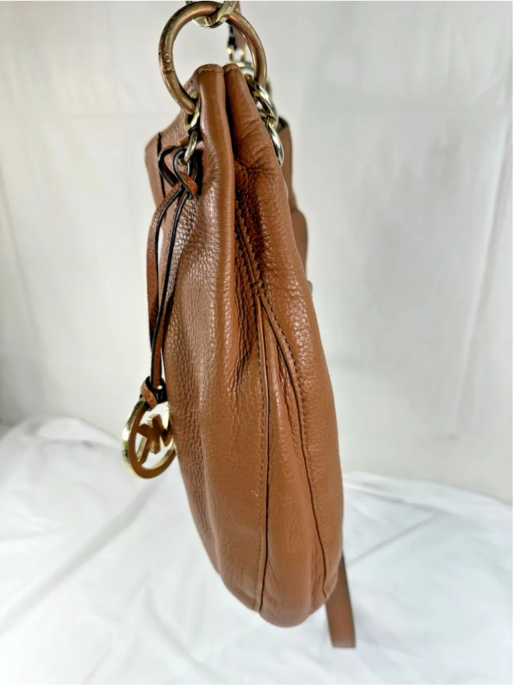 MICHAEL KORS BEDFORD LUGGAGE BROWN LEATHER LARGE CHAIN HOBO SHOULDER BAG